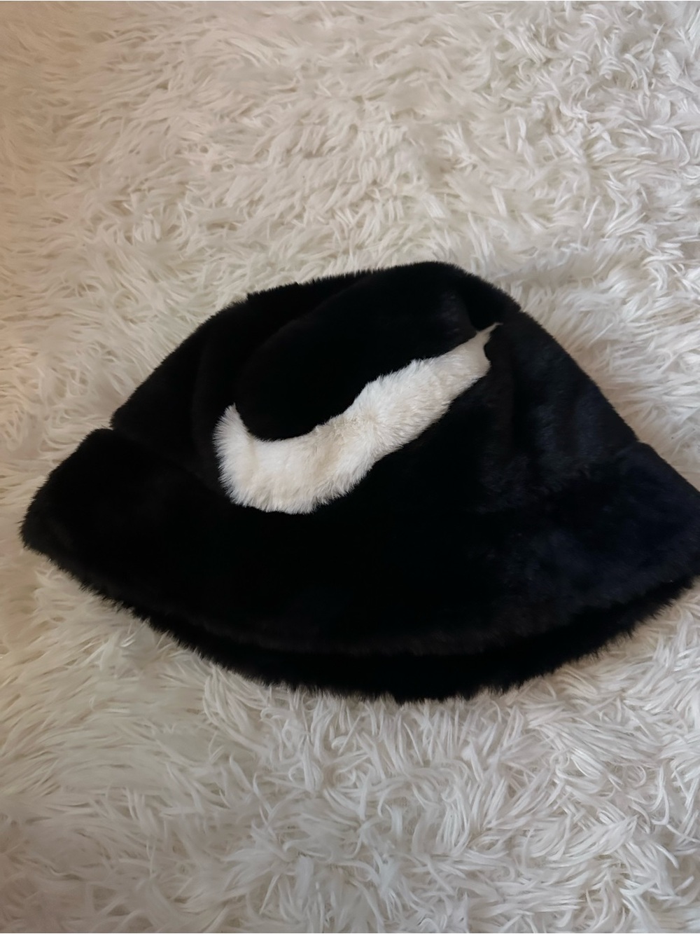 Nike Black Faux-Fur Bucket Hat with White Swoosh brand new with tag